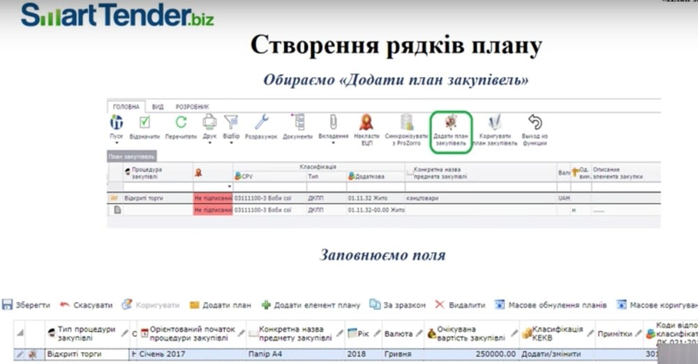 Создание строчек плана на SmartTender.biz