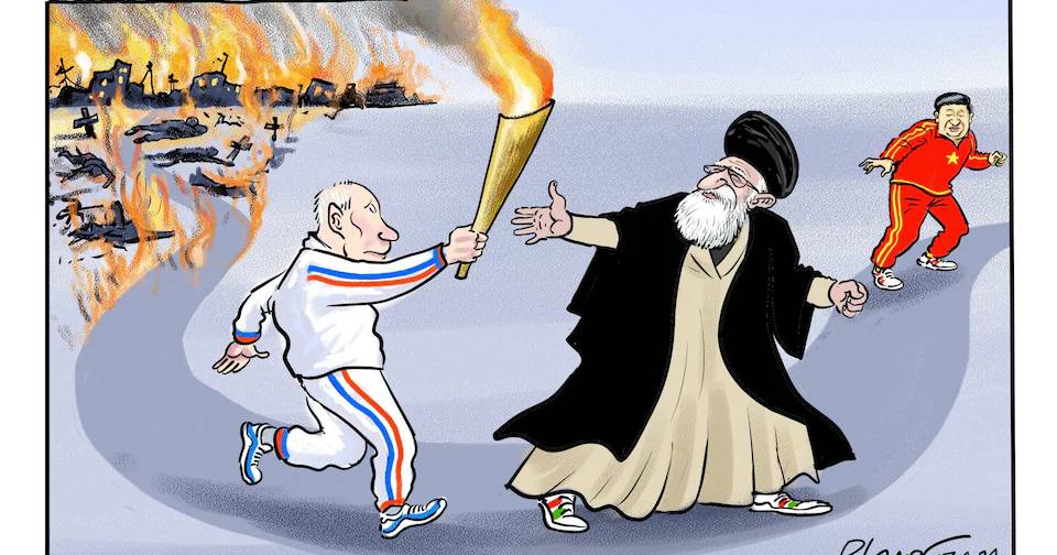 Путін передає естафету війни іранському лідеру Алі Хаменеї, якого своєю чергою чекає голова КНР Сі Цзіньпін / Карикатура The Telegraph 