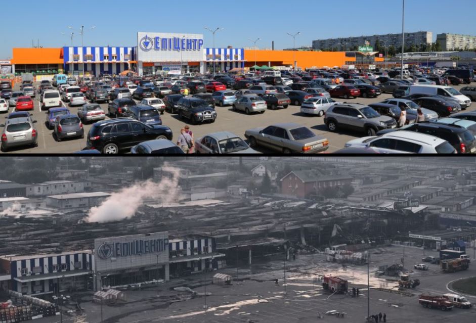 Строительный гипермаркет "Эпицентр" в Харькове до и после российского удара / Фото: "Эпицентр"