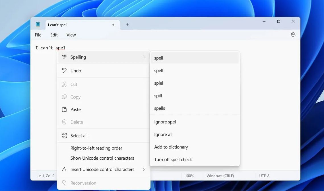 Демонстрація роботи перевірки орфографії в додатку "Блокнот" / The Verge