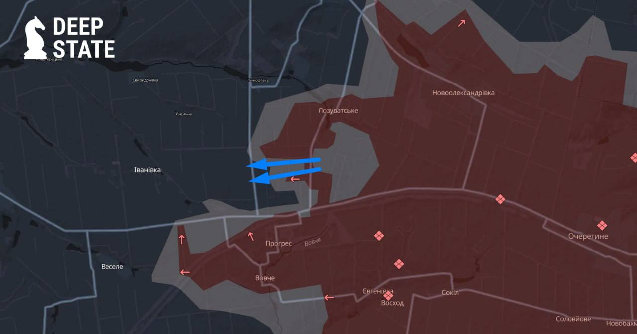 Мапа ділянки фронту біля Прогресу на Покровському напрямку / Інфографіка DeepState
