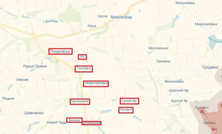 Населенные пункты Покровской громады Донецкой области на карте проекта DeepState