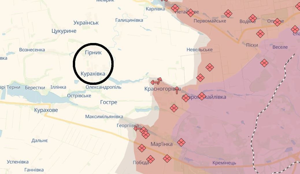 Кураховка и Горняк на карте DeepState