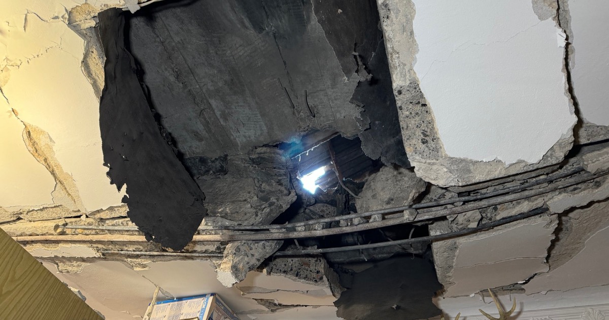 Roof and ceiling pierced by a Russian shell, Kherson, October 2024. Illustrative photo / Photo Suspilne Kherson