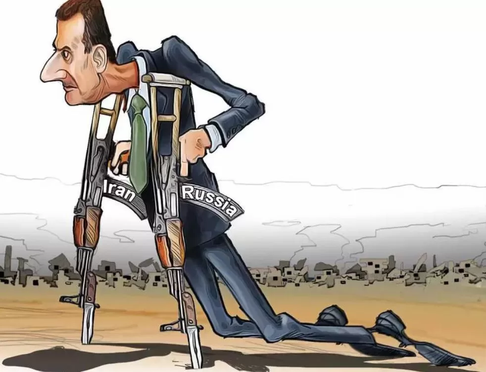 Шарж ізраїльського карикатуриста Шломо Коена - кульгавий Асад на милицях із Росії та Ірану