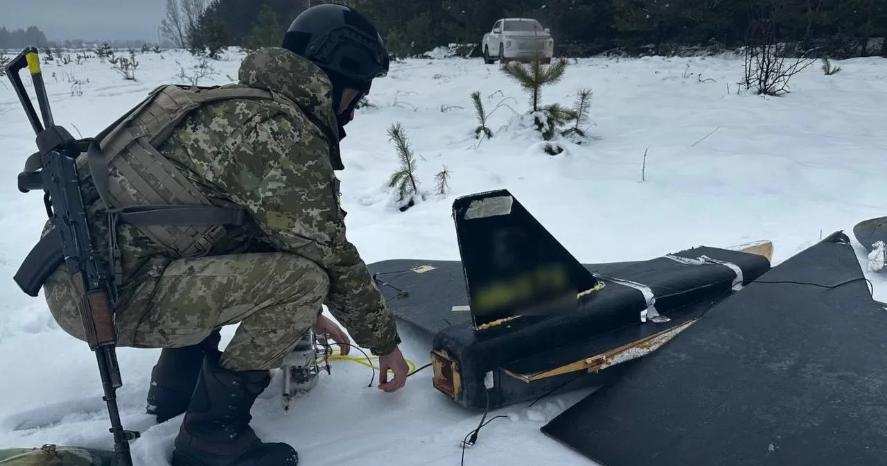 Пограничник возле «локационно потерянного» дрона типа «Гербера» / Фото ГПСУ
