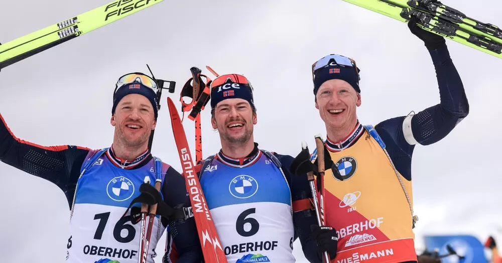 Победители гонки преследования в Оберхофе - Стурла Легрейд, Тарьей и Йоханнес Бё / Фото Nordic Focus