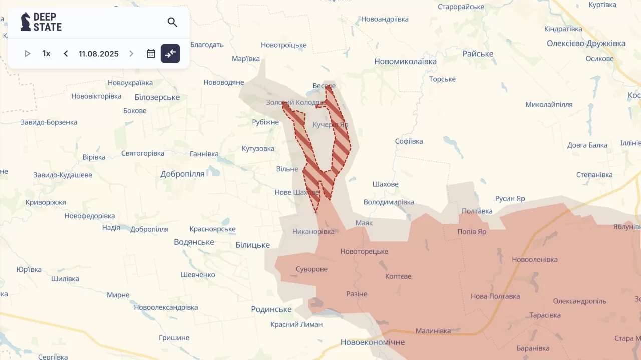 ‘Crab claws’: the operational situation near Dobropillia on 11 August 2025 / DeepState map