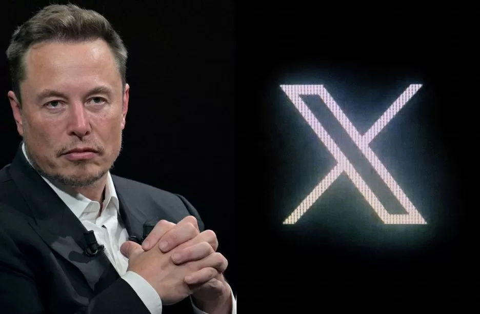 Ілон Маск і логотип соціальної мережі Х (раніше Twitter), що належить йому / Фото: Alain Jocard/AFP