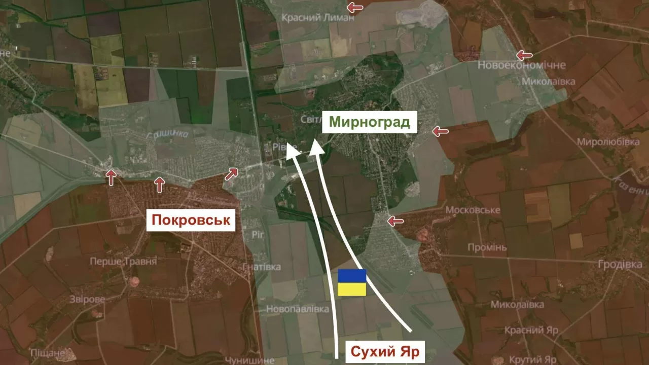 Мапа бойових дій в районі Мирнограду / Фото: Українська Правда