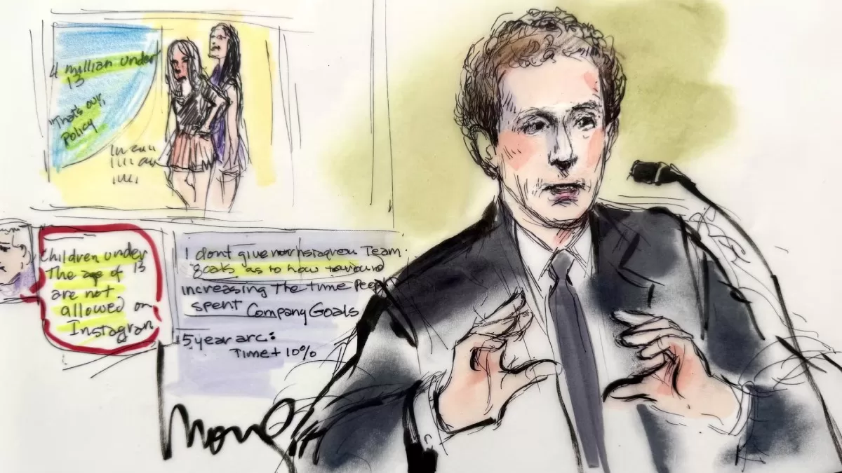 На малюнку Reuters із залу суду Марк Цукерберг дає свідчення в суді вищої інстанції Лос-Анджелеса у ключовій справі, в якій Meta і YouTube від Google звинувачуються у шкоді психічному здоров'ю дітей через платформи, що викликають залежність, 18 лютого 2026 року