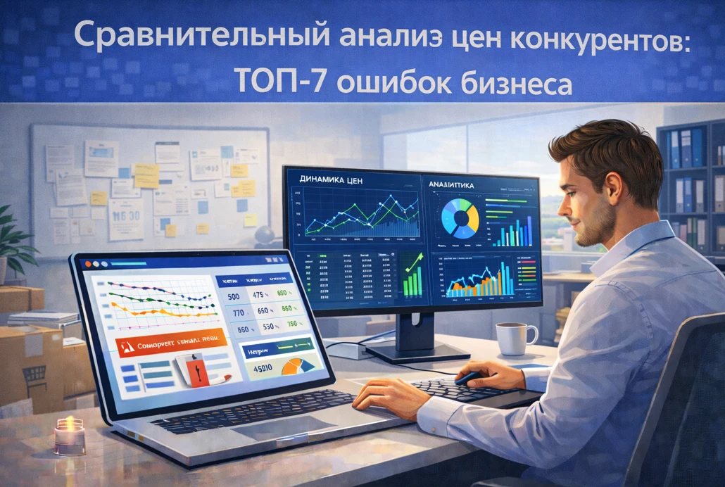 Аналитик e-commerce анализирует цены конкурентов на ноутбуке и мониторе: графики динамики, таблицы сравнения магазинов и дашборд.