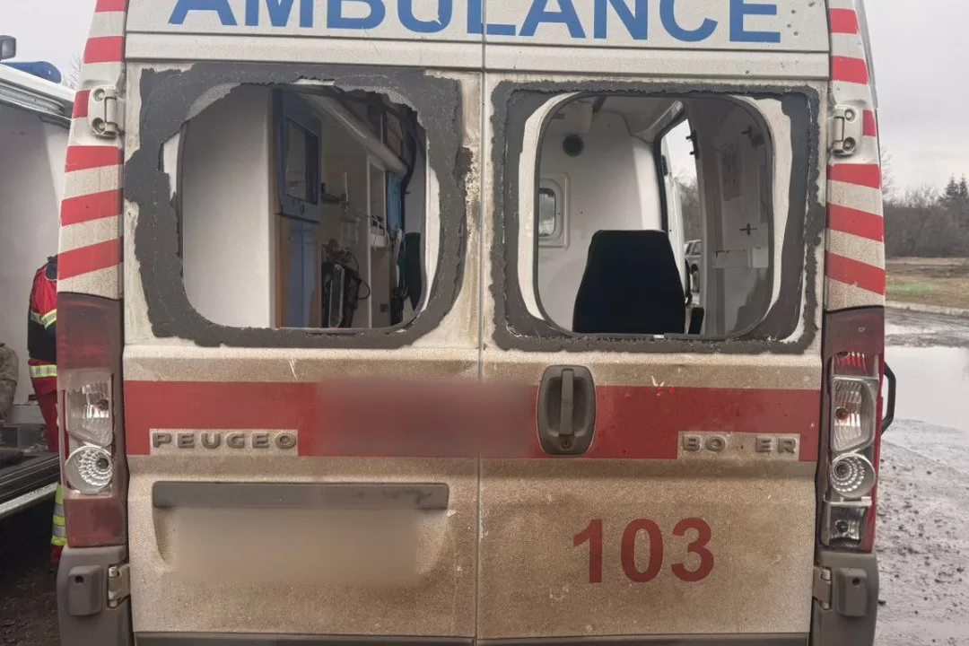 Damaged ambulance hit by drone / Photo: Kharkiv Regional Police Department