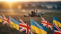 Беспилотник над украинскими и британскими флагами / Фото: suasnews