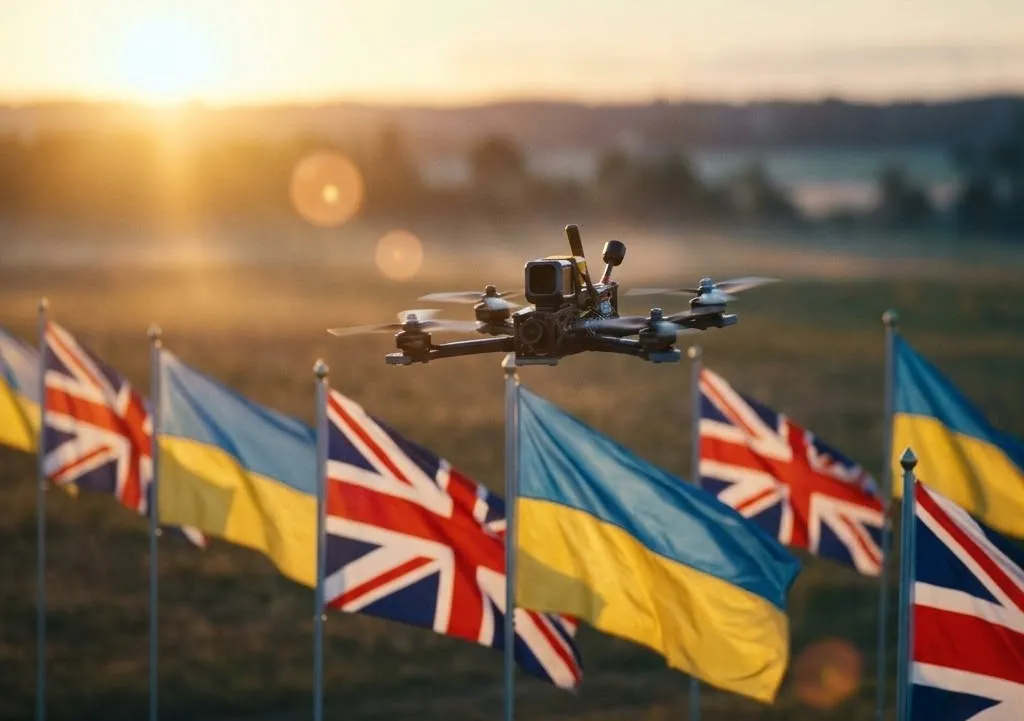 A drone flying over Ukrainian and British flags / Photo: suasnews