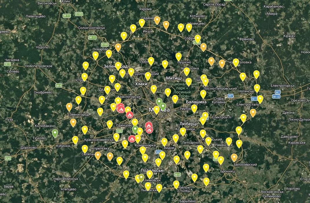 Москву оточили понад 100 системами ППО після атак дронів / Скриншот Google My Maps/Mark Krutov