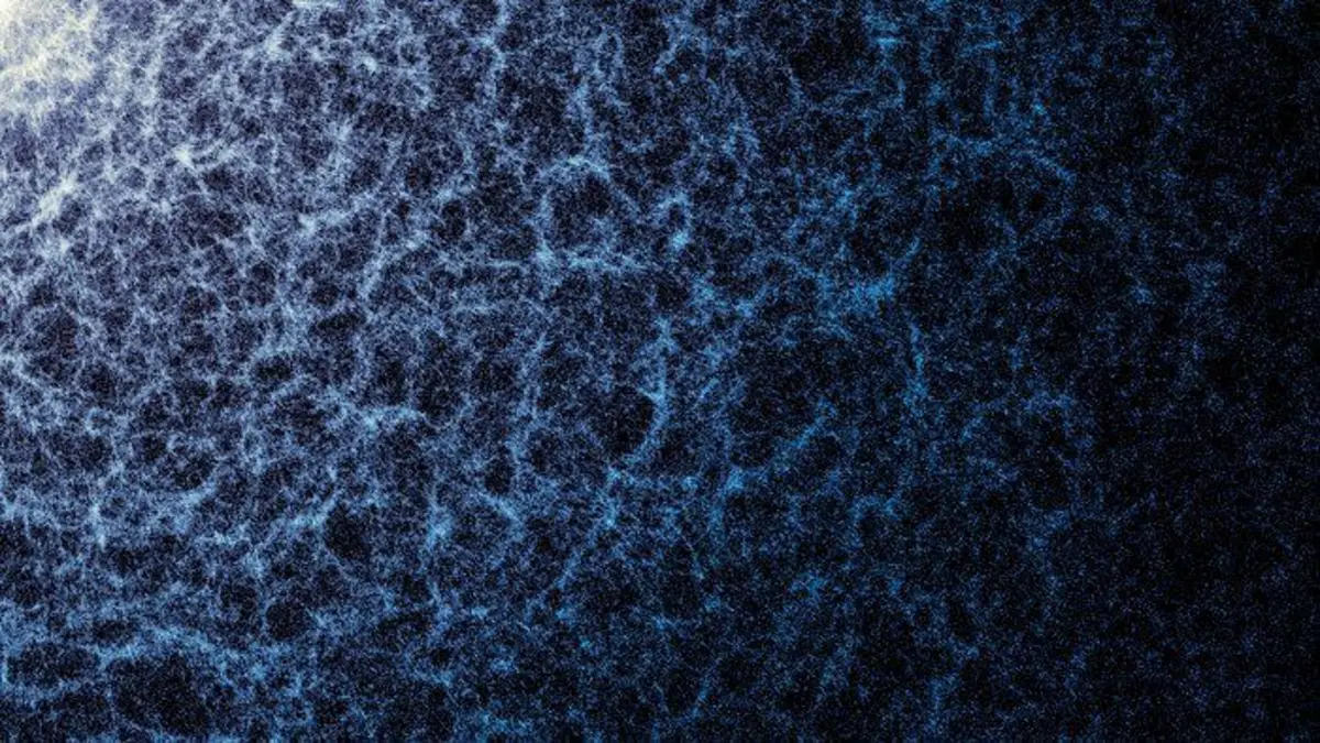 Этот фрагмент карты показывает крупномасштабную структуру Вселенной, сформированную гравитацией. Каждая точка здесь — отдельная галактика. Наиболее плотные участки обозначают зоны, где галактики и скопления галактик собрались вместе, образуя нити космической паутины / Фото: DESI