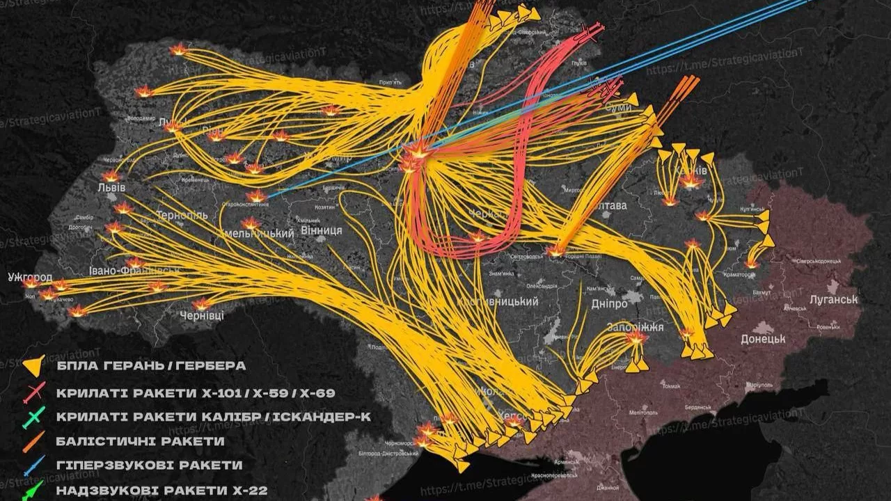 Визуализация полета БпЛА и ракет во время массированной атаки 14 мая / Фото: t.me/StrategicaviationT