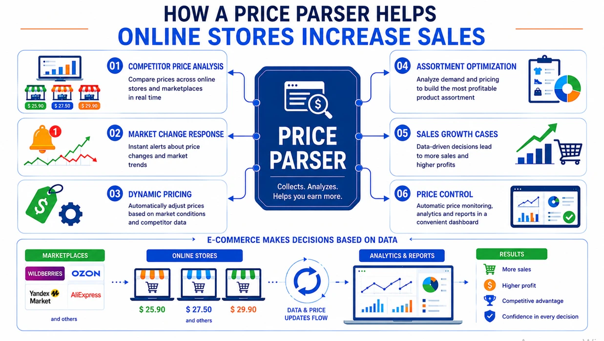 Infographic: how a price parser helps online stores increase sales through analytics and dynamic pricing