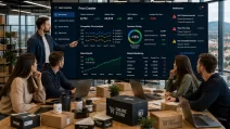 eCommerce team reviews competitor pricing, sales growth, and market analytics on a large Price Crawler dashboard.