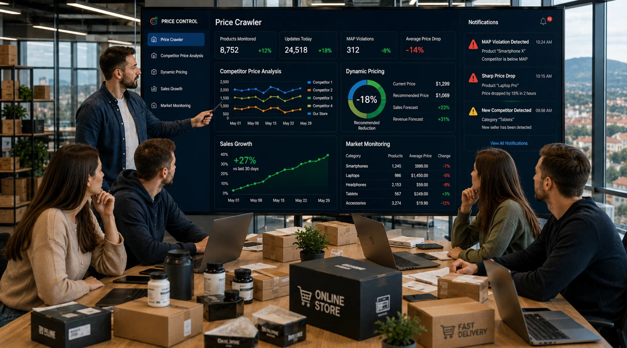 eCommerce team reviews competitor pricing, sales growth, and market analytics on a large Price Crawler dashboard.