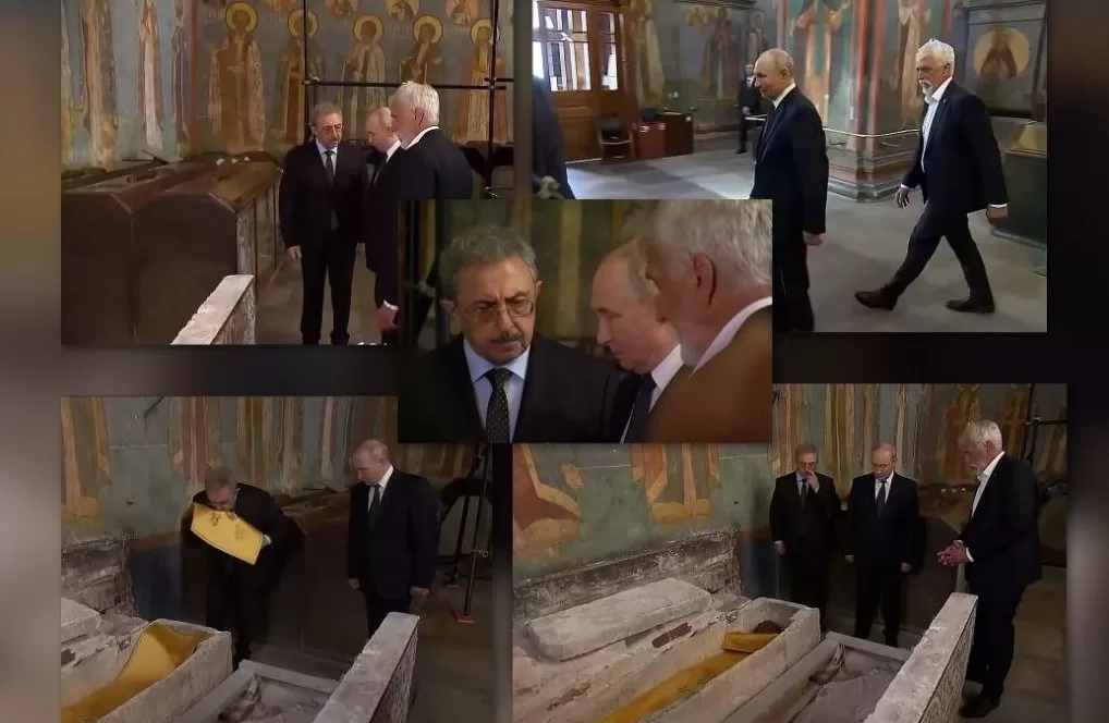 Путин осмотрел найденные мощи князя XIV века Дмитрия Донского, а РПЦ решила передать их российским военным / Коллаж: ЦПД
