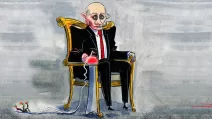 Карикатура на тему российских ядерных угроз: политический лидер у "красной кнопки" / Иллюстративное изображение: FT