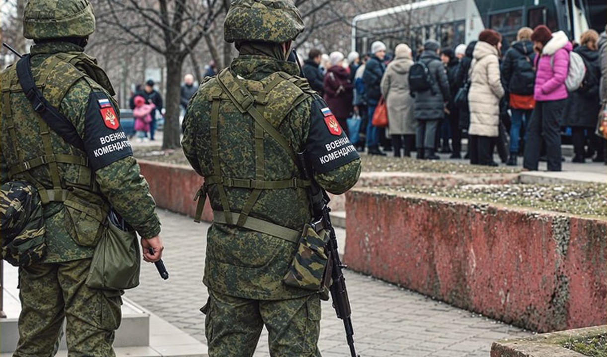 Российские военные возле автобуса с гражданскими на оккупированной территории / Иллюстративное фото: ГУР